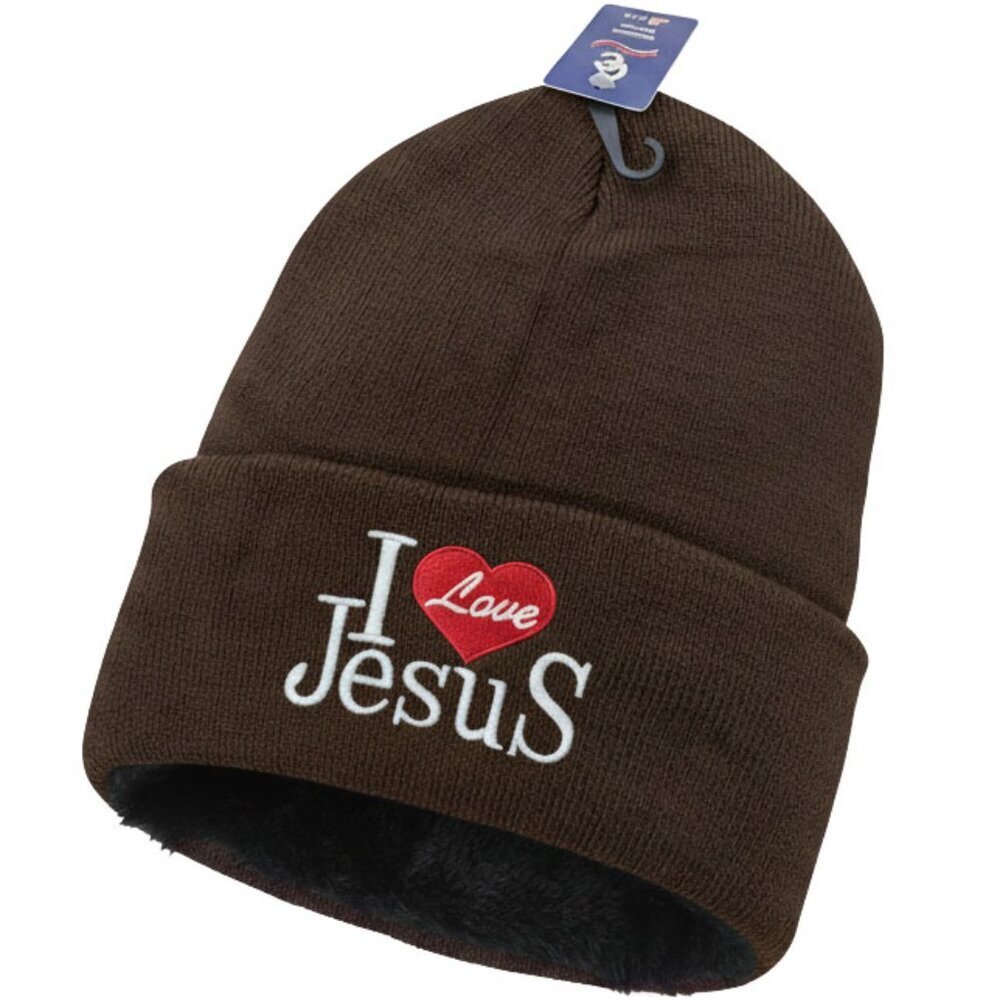 I Love Jesus Winter Hat Embroidered Skull Beanie Cap – Warm Lined, Brown, NWT